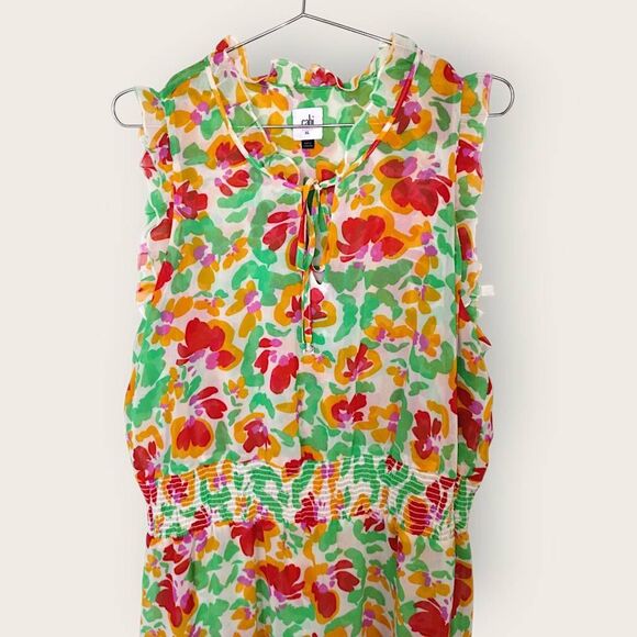 Cabi Spirit Dress Womens XL #6216 Boho Floral Smocked Red Green Ruffles Party - Picture 3 of 13